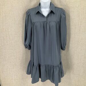 PINCH Babydoll Dress Women S Blue Grey Ruffle Hem Puff Sleeve Minimalist Boho